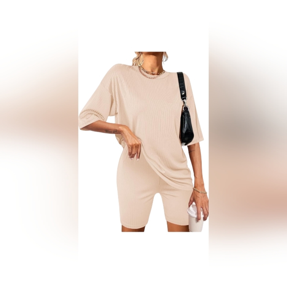 Womens 2 Piece Lounge Set Summer Ribbed Knit Matching Outfits T-shirt & Shorts
